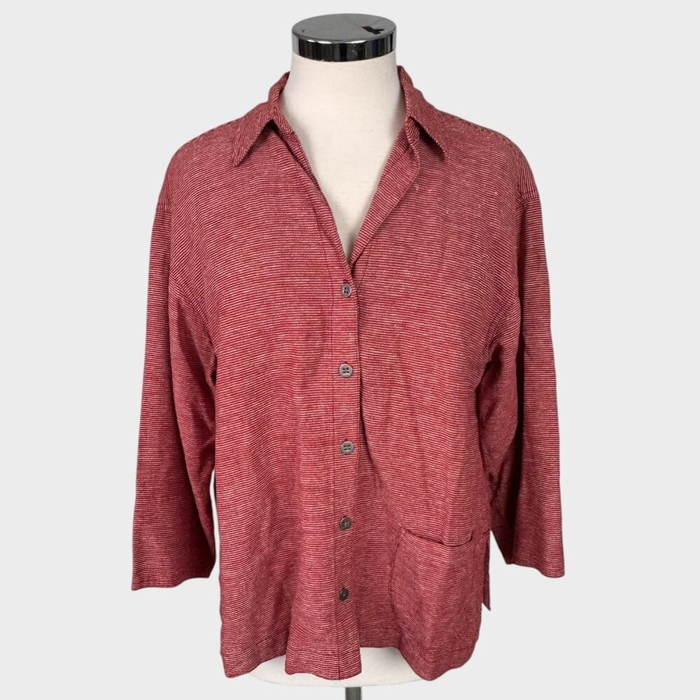 Chico's Size 1 Medium Linen Rayon Blend Button Front 3/4 Sleeve Shirt